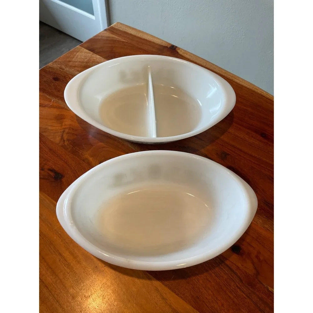 Vintage Glasbake Milk Glass Green Daisy Casserole & Divided Dish Set 2pc J2352